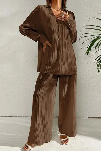 'Ember' Button Down Top and Pants Set - Celes Fashion